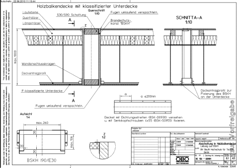Plan einer Holzbalkendecke mit klassifizierter Unterdecke
